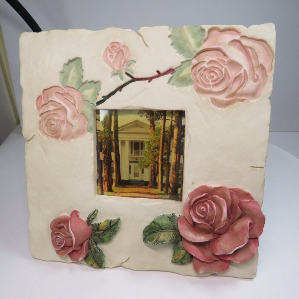 Rose Ceramic Tile Picture Frame Embossed & Engraved Rustic